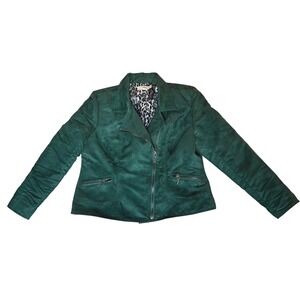 Luara Ashley‎ Faux Suede Green Moto Jacket with leopard liner, Womens petite